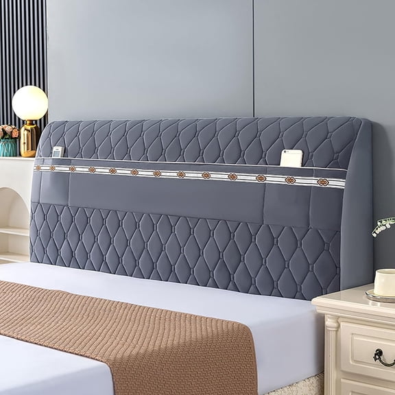 Stretch Quilted Headboard Cover with Storage Pockets - Fits Queen & King Size Beds - Washable Dust Protector for Wood, Upholstered, Leather Headboards (65cm H)