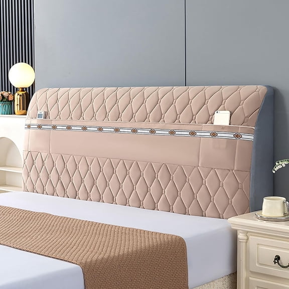 Stretch Quilted Headboard Cover with Storage Pockets - Fits Queen & King Size Beds - Washable Dust Protector for Wood, Upholstered, Leather Headboards (65cm H)