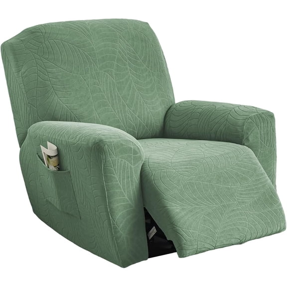 Stretch Recliner Slipcovers Jacquard Sofa Cover 4-Piece Slipcover Furniture Protector Recliner Chair Cover with Storage Pocket for Living Room Green