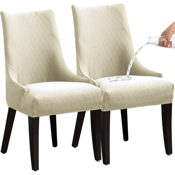 Stretch Rhombic Geometric Wingback Chair Covers Slipcover - Reusable Arm Chair Protector Cover for Dining Room (Beige, Set of 2)