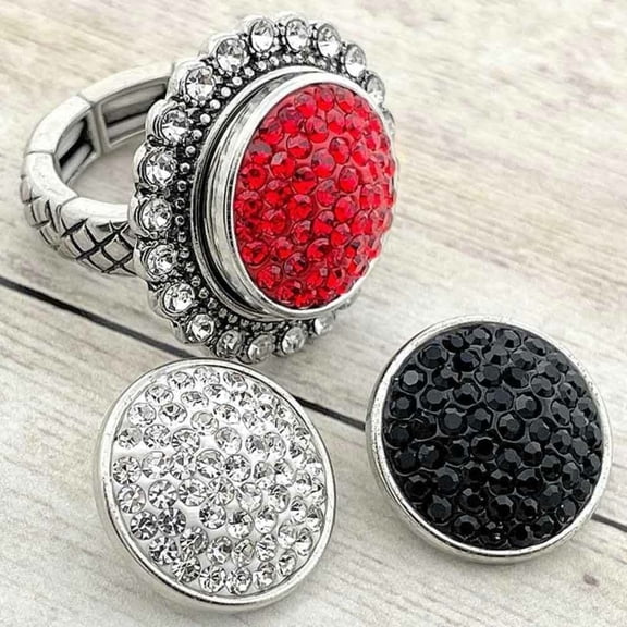 Snap Jewelry 18MM Rhinestone Stretch Ring with Red, Black, and White Ginger Charms