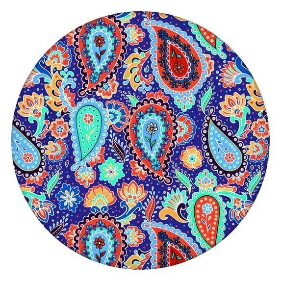 Stretch Round Tablecloth Boho Floral Design, Elastic Hem for 38 to 42 Inch Tables, 44" Durable Vinyl Cover for Cafe & Home