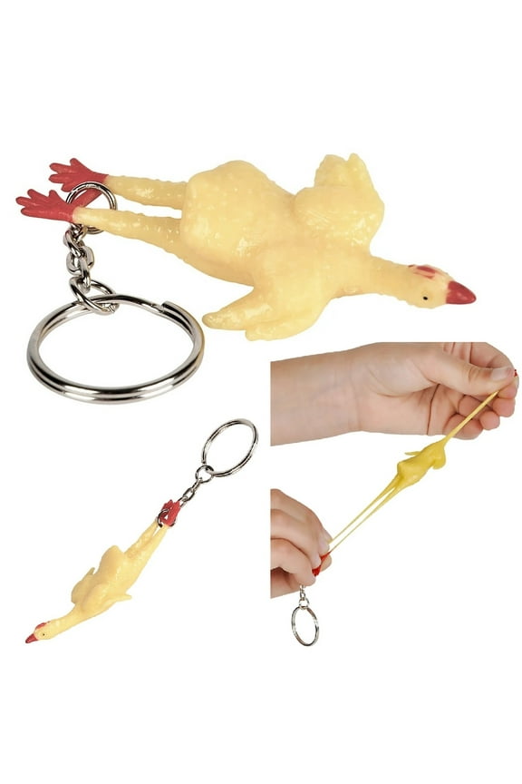 Stretch Rubber Chicken Keychain (3 Inch) (12 Pack) Yellow Mini Rubber Chickens for Purses and Keys Fidget Toy