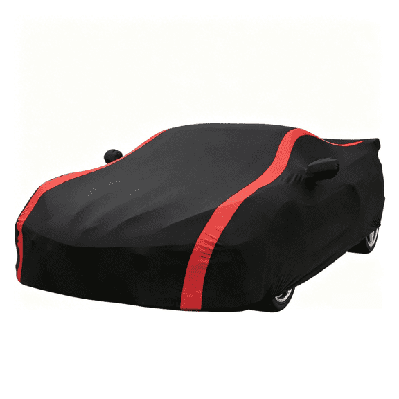 Stretch Satin Car Cover fit for Corvette C8 Stingray Z51/Z06/E-Ray 2020-2025, 178"L x 75"W x 50"H, Black w/Red Stripe, Dustproof