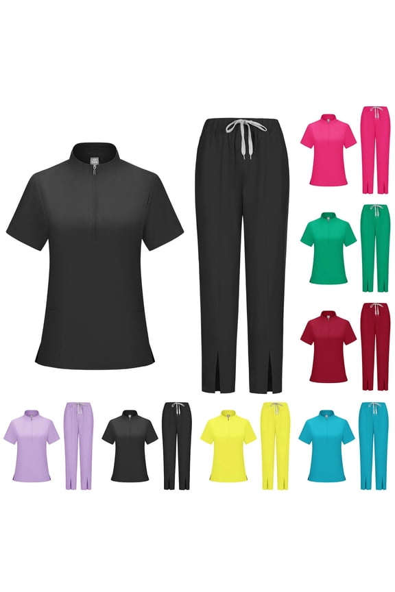 Stretch Scrubs Set for Women Multi Pocket Cool Stretch Half-Zip Mock Neck Short Sleeve Top & Straight Leg Pants with Side Slits, #02 Black, M