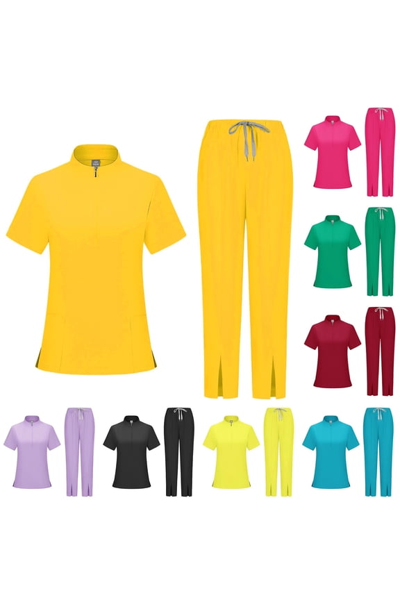 Stretch Scrubs Set for Women Multi Pocket Cool Stretch Half-Zip Mock Neck Short Sleeve Top & Straight Leg Pants with Side Slits, #02 Yellow, S