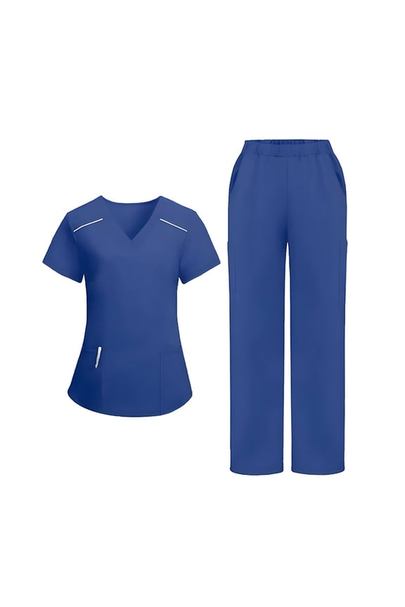 Stretch Scrubs Uniforms for Women - COZY V Neck Scrub Top and Bootcut Cargo Straight Pants with Multi-Pocket,Blue L