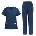 thumbnail image 1 of Stretch Scrubs Uniforms for Women - Mock Wrap Top & Straight Leg Pants with Multi-Pocket, Back Princess Seams, Soft Fabric,Dark Blue L, 1 of 3