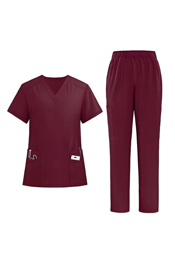 Stretch Scrubs Uniforms for Women - Mock Wrap Top & Straight Leg Pants with Multi-Pocket, Back Princess Seams, Soft Fabric,Red XXL