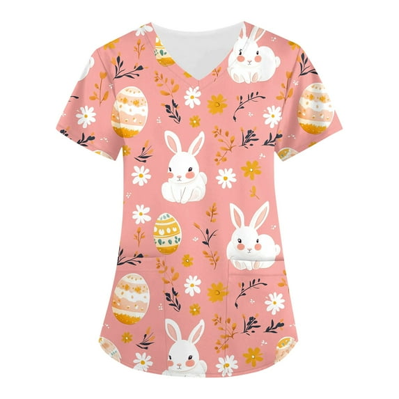 Stretch Scrubs For Women,Scrubs for Women 2026 Easter Bunny Eggs Print Tops for Women V Neck Stretchy Short Sleeve Nursing Shirts with Pockets,Complexion,XL