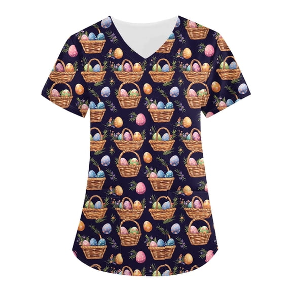 Stretch Scrubs For Women，Scrubs for Women 2026 Easter Bunny Eggs Print Tops for Women V Neck Stretchy Short Sleeve Nursing Shirts with Pockets，Dark Blue，XXL