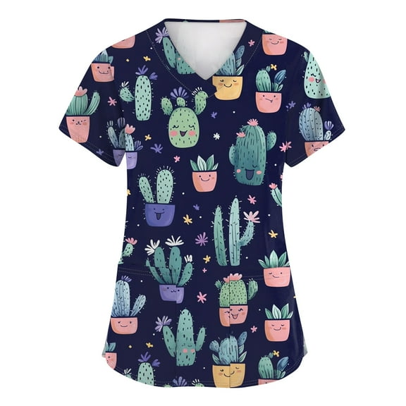 Stretch Scrubs for Women,Animal Ribbon Print Nurse Tops - Stretchy V-Neck Scrub Shirts with Hidden Pen Pocket - Green - L