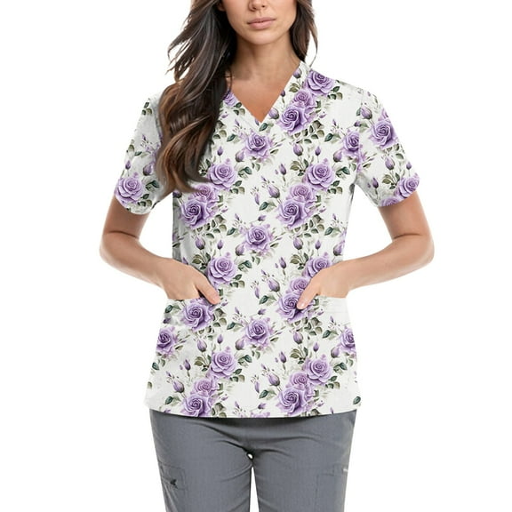 Stretch Scrubs for Women,Floral Print Scrub Tops - Side Pocket Design for Nurses & Healthcare Workers - Purple Pink - XXXXXL