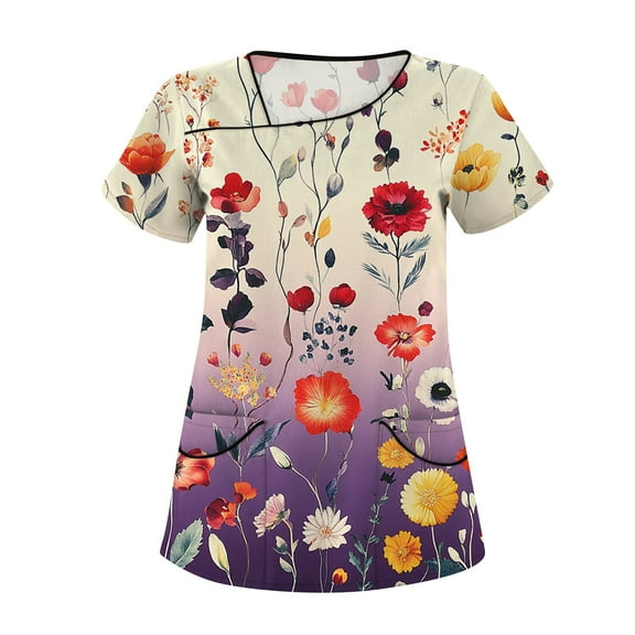 Stretch Scrubs for Women,Floral Print Women's Scrub Tops - V-Neck Short Sleeve Nursing Tops with Side Pockets - Purple - L