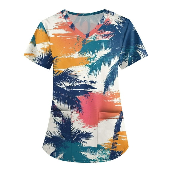 Stretch Scrubs for Women,Hawaiian Print Healthcare Scrub Tops for Womens - Stretchy V-Neck Design with Pocket - Blue - XXXL