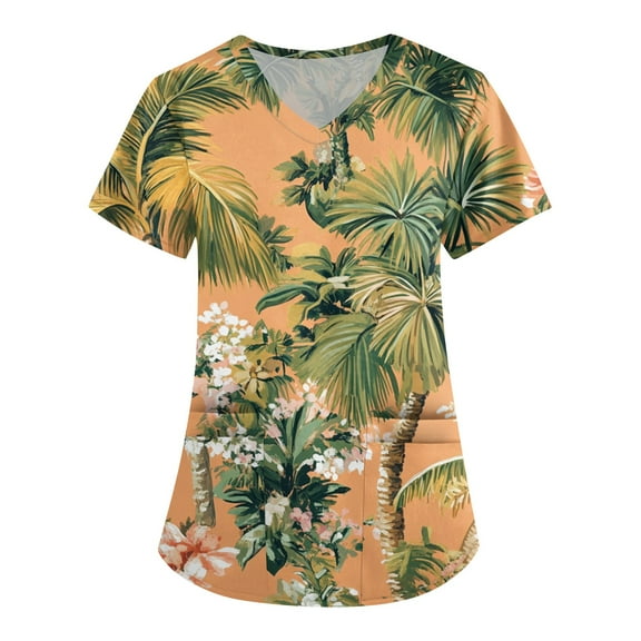 Stretch Scrubs for Women,Hawaiian Print Scrubs Tops for Women - V-Neck Short Sleeve Nursing Uniform with Pocket - Fluorescent Green - XXXXXL