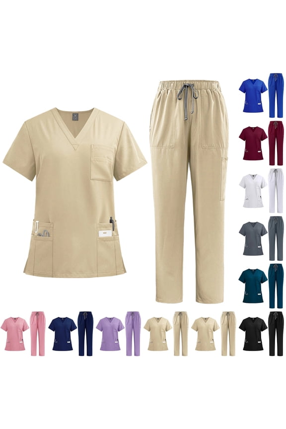Stretch Scrubs for Women Set Multi-Pocket V-Neck Short Sleeve Top and Drawstring Cargo Uniform Pant - Medical Nursing Set, #01 Khaki, L
