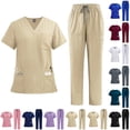 thumbnail image 1 of Stretch Scrubs for Women Set Multi-Pocket V-Neck Short Sleeve Top and Drawstring Cargo Uniform Pant - Medical Nursing Set, #01 Khaki, XXL, 1 of 6