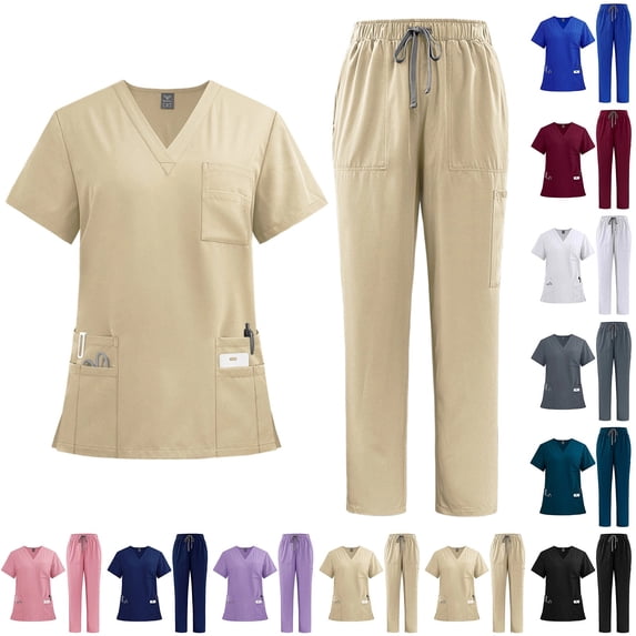 Stretch Scrubs for Women Set Multi-Pocket V-Neck Short Sleeve Top and Drawstring Cargo Uniform Pant - Medical Nursing Set, #01 Khaki, XXL
