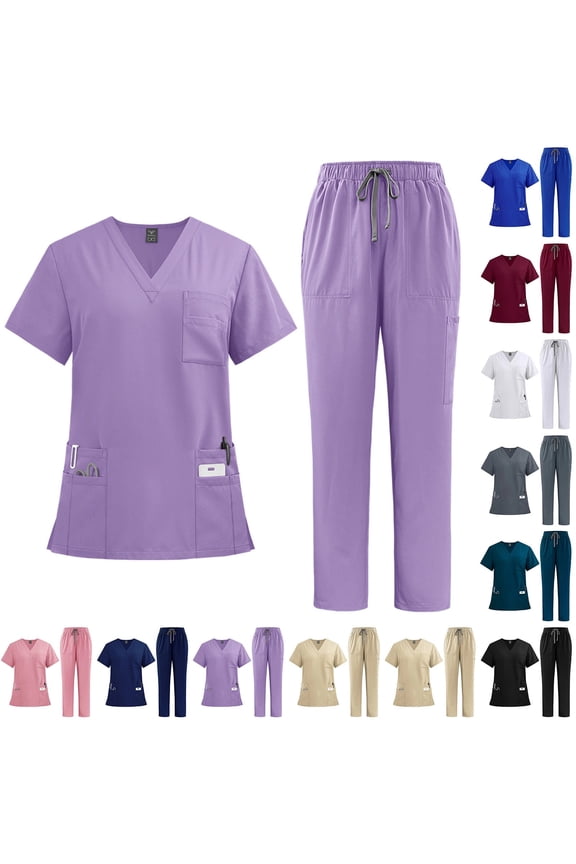 Stretch Scrubs for Women Set Multi-Pocket V-Neck Short Sleeve Top and Drawstring Cargo Uniform Pant - Medical Nursing Set, #01 Light Purple, L