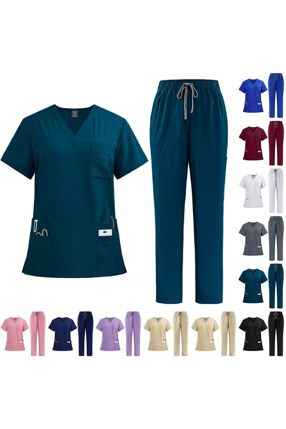 Stretch Scrubs for Women Set Multi-Pocket V-Neck Short Sleeve Top and Drawstring Cargo Uniform Pant - Medical Nursing Set, #01 Turquoise, M