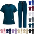 thumbnail image 1 of Stretch Scrubs for Women Set Multi-Pocket V-Neck Short Sleeve Top and Drawstring Cargo Uniform Pant - Medical Nursing Set, #01 Turquoise, S, 1 of 3