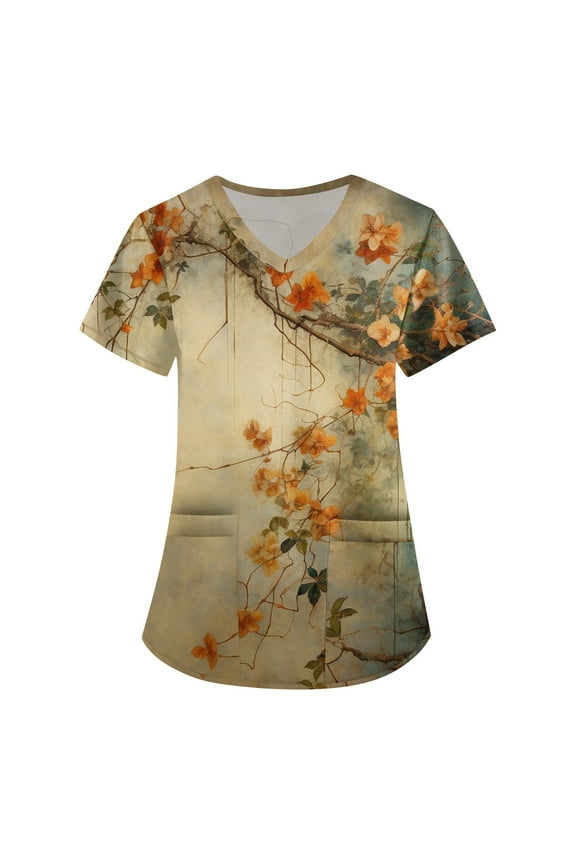 Stretch Scrubs for Women,Women's Floral Printed Scrub Tops - V-Neck Stretch Fabric with Utility Pockets - Beige - L