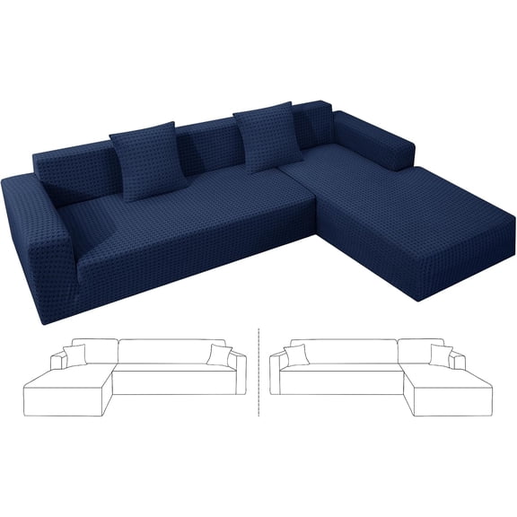 Stretch Sectional Couch Covers New-Houndstooth Texture, Thick Slipcovers with Elastic Bottom for L Shape Sectional Sofa, 2 Pcs Pet Friendly Universal Protector (Sofa or Chaise), Navy Blue