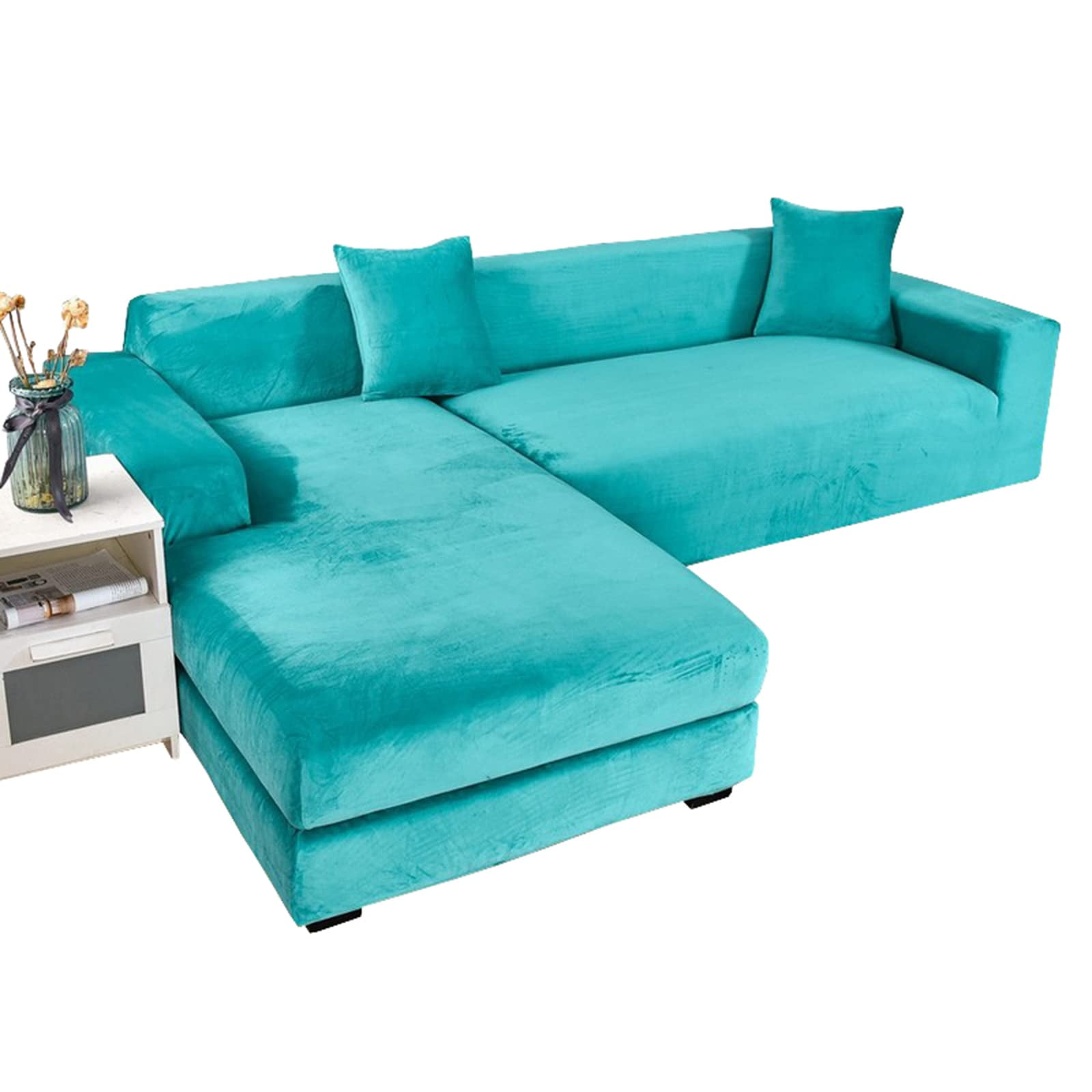 Stretch Sectional Couch Covers Velvet, L-Shaped Sofa Covers Velvet 2 Piece Soft Furniture Protector with Elastic Bottom for Dogs Cats -Light blue-4-seater + 4-Seater