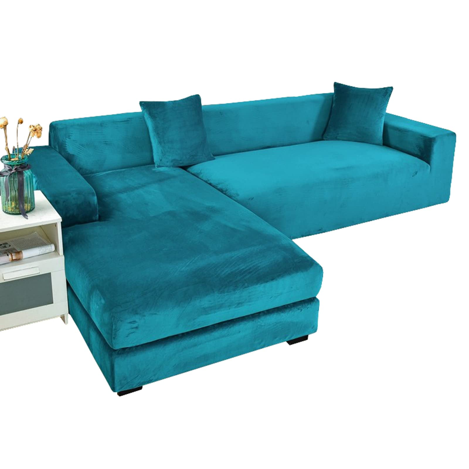 Stretch Sectional Couch Covers Velvet, L-Shaped Sofa Covers Velvet 2 Piece Soft Furniture Protector with Elastic Bottom for Dogs Cats -Light blue-4-seater + 4-Seater
