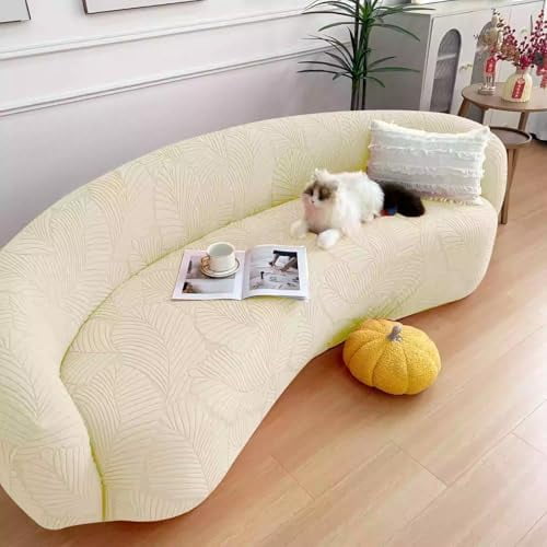 Stretch Semi-Circular Curved Sofa Cover, Jacquard Curved Couch Cover Non-Slip Modern Cloud Sectional Sofa Slipcover (Beige,4seat [ 92-118 inch])