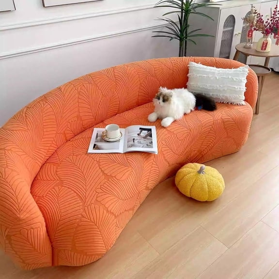 Stretch Semi-Circular Curved Sofa Cover, Jacquard Curved Couch Cover Non-Slip Modern Cloud Sectional Sofa Slipcover(Orange,4seat [ 92-118 inch])