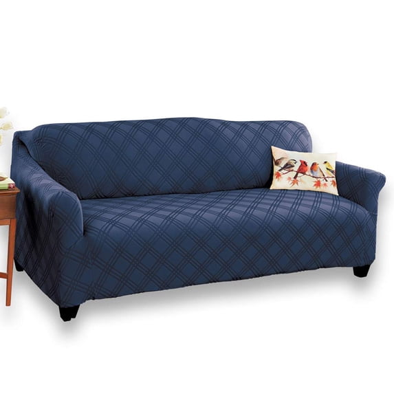 Collections Etc Double Diamond Form Fit Stretch Furniture Slipcover, Navy, Sofa