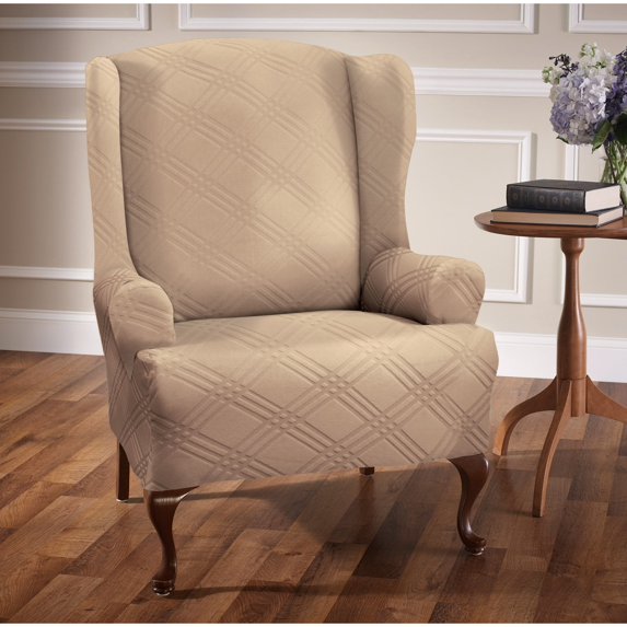 Stretch Sensations 1-Piece Stretch Double Diamond Wing Chair Slipcover, Beige