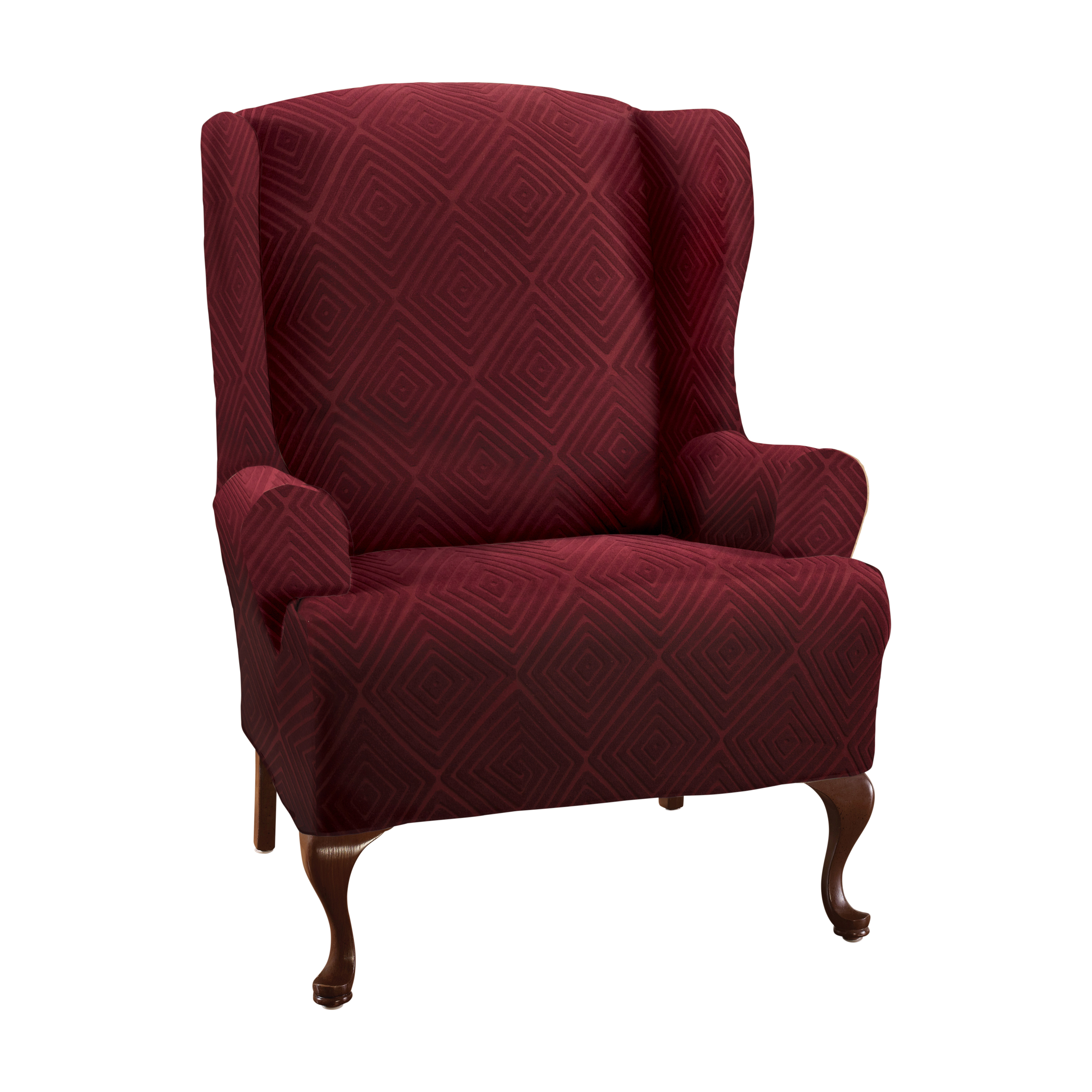 Stretch Sensations 1-Piece Stretch Shapely Diamond Wing Chair Slipcover, Burgundy