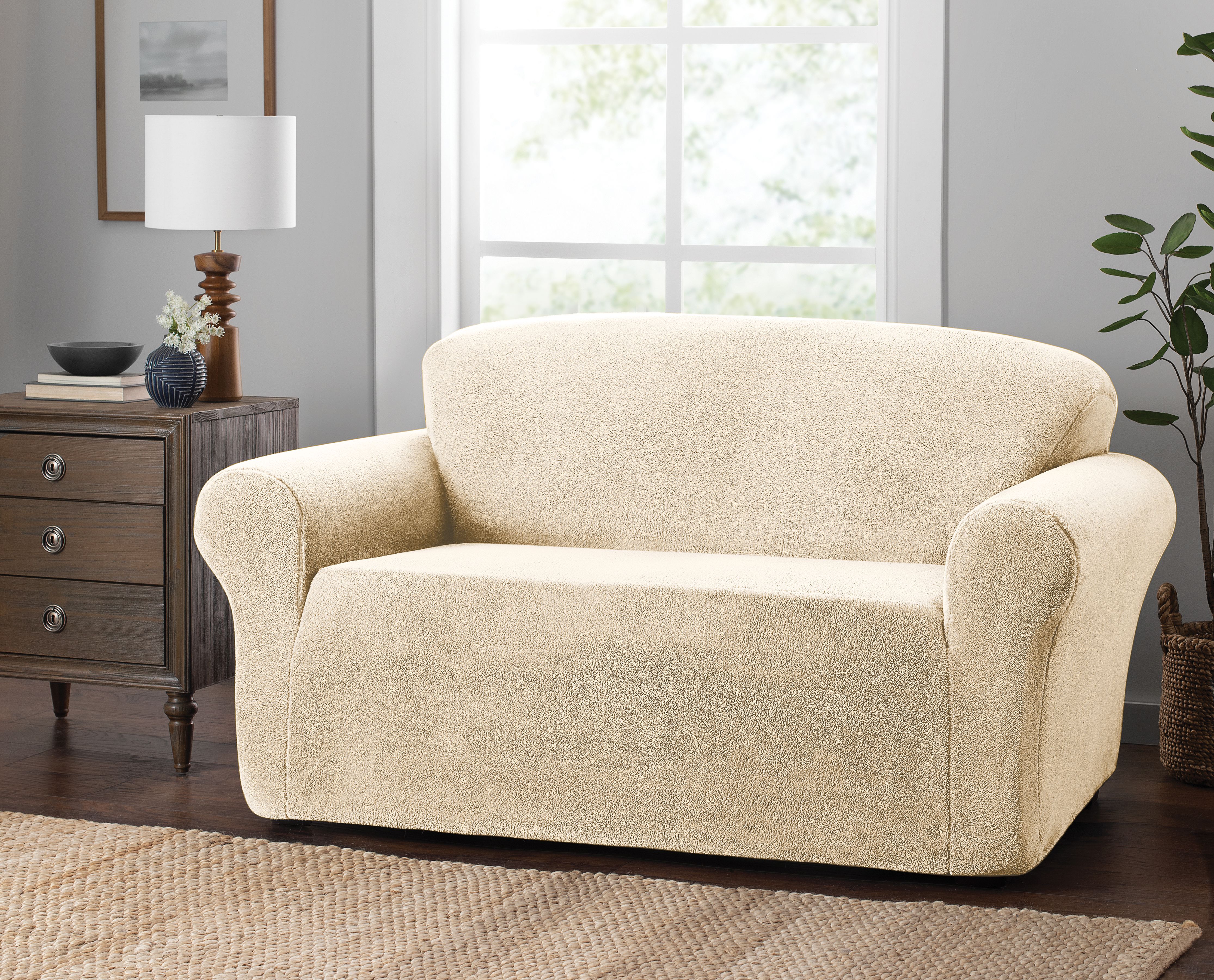 Stretch Sensations Stretch Sherpa 1-Piece Loveseat Furniture Slipcover, Natural - image 1 of 3