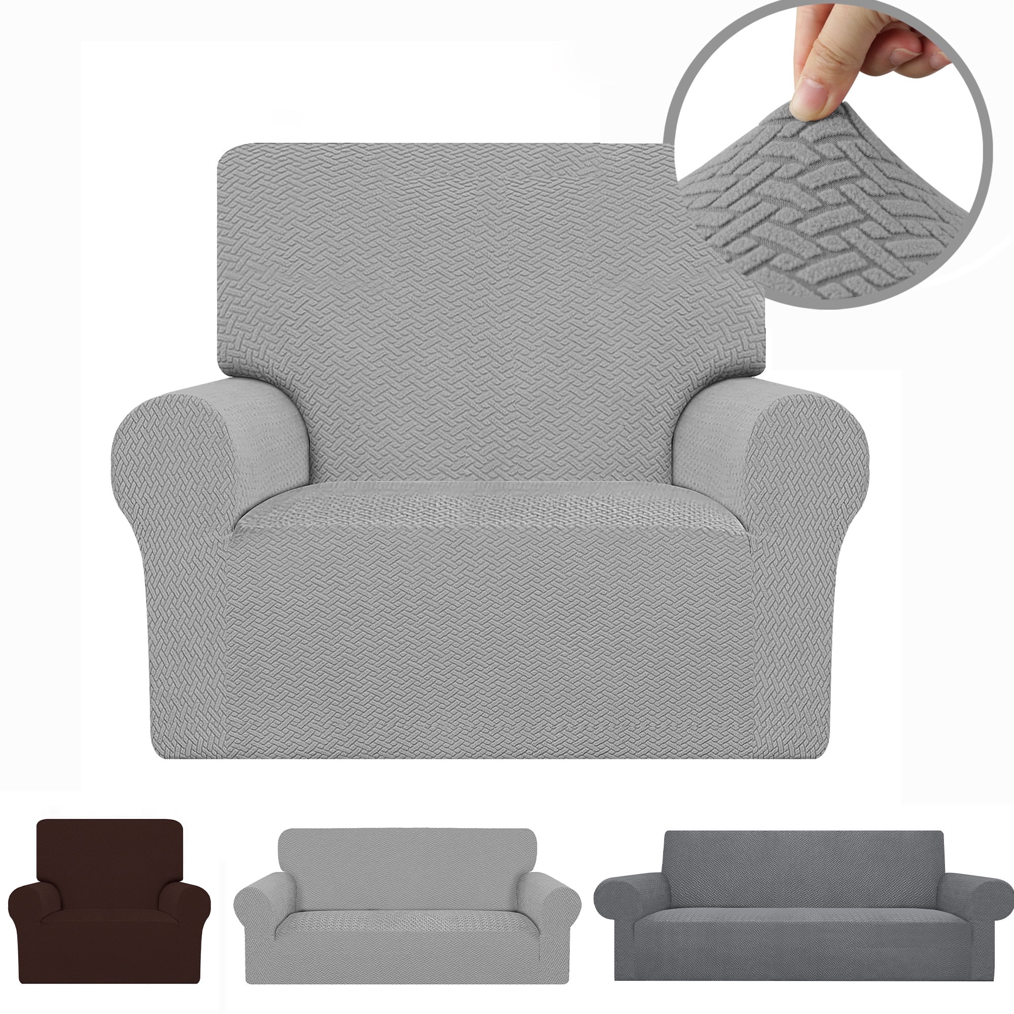 Stretch Single Sofa Slipcover 1 Piece Couch Sofa Cover (35.4"-55") Furniture Protector 1 Seater Sofa with Elastic Bottom for Kids,Pet Dog, Jacquard Pattern, Gray