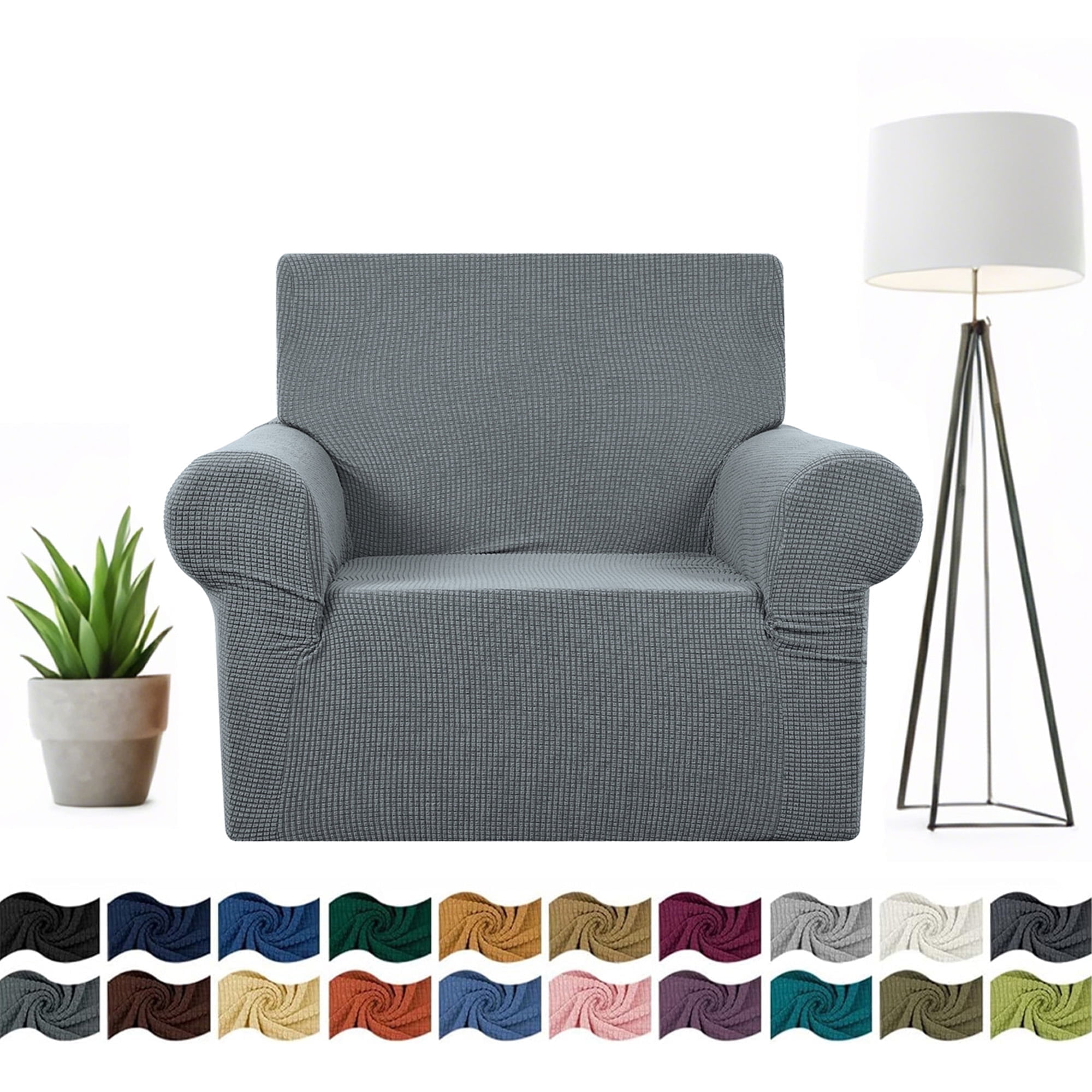 Stretch Single Sofa Slipcover 1 Piece Couch Sofa Cover Furniture Protector 1 Seater Sofa with Elastic Bottom for Kids and Pets,Jacquard Small Checked Pattern Fabric（with Velcro）