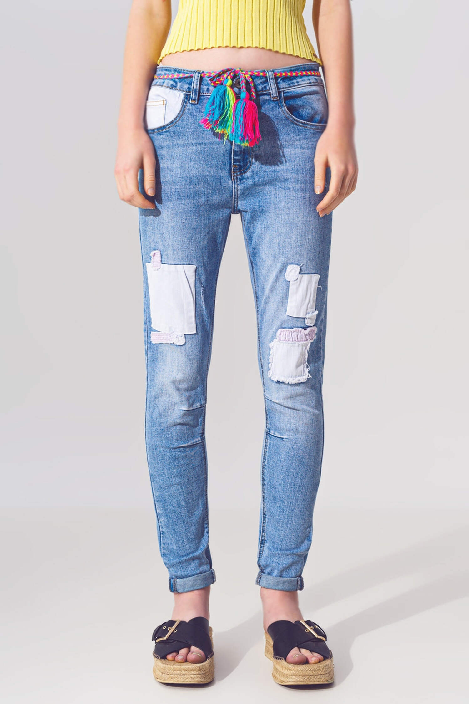 Stretch Skinny Jeans with Patches in Mid Wash and Belt Detail