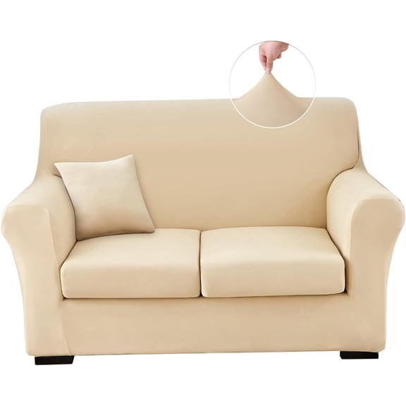 Stretch Sofa Cover Couch Covers, 4-Piece Loveseat Slipcovers with 2 Separate Cushion Cover & 1 Pillow Case, Washable Soft Spandex Furniture Protector for Living Room(Loveseat, Beige)