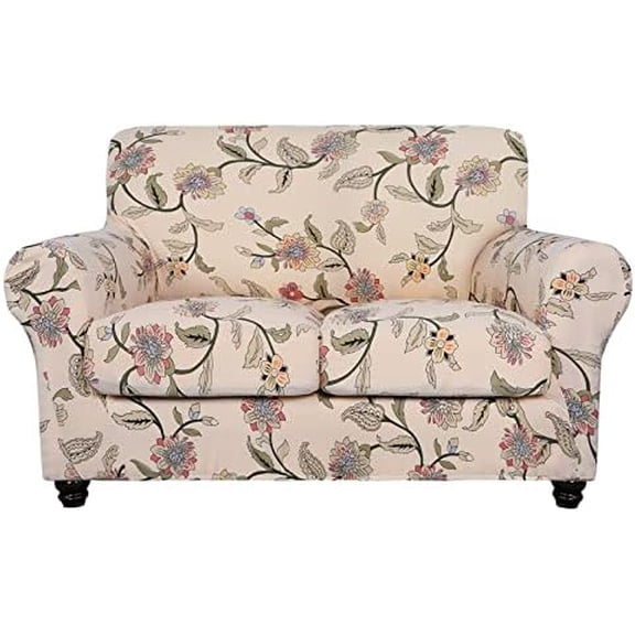 Stretch Sofa Cover Printed Couch Cover, Floral Pattern 3 Pieces Loveseat Slipcover with 2 Separate Cushion Cover, Washable Furniture Protector for Living Room(Loveseat, Yellow+Flower)