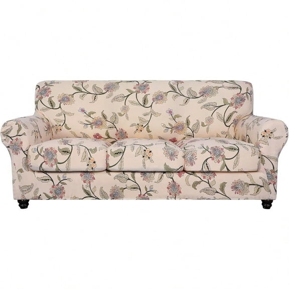 Stretch Sofa Cover Printed Couch Cover Floral Pattern 4 Pieces Sofa Slipcover with 3 Separate Cushion Cover Washable Furniture Protector for Living Room Sofa Yellow+Flower