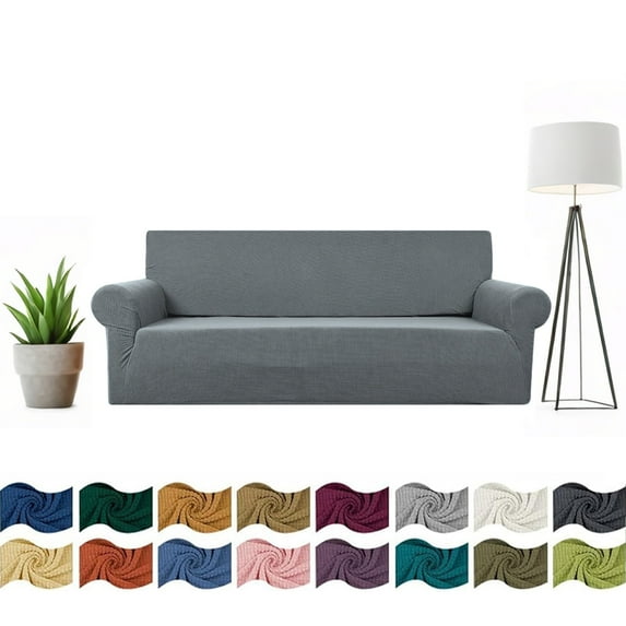 Stretch Sofa Cover Slipcover ,Couch Covers for 3 Cushion Couch Sofa Furniture Protector 3 Seater Sofa with Elastic Bottom for Kids and Pets,Jacquard Small Checked Pattern Fabric(with Velcro)