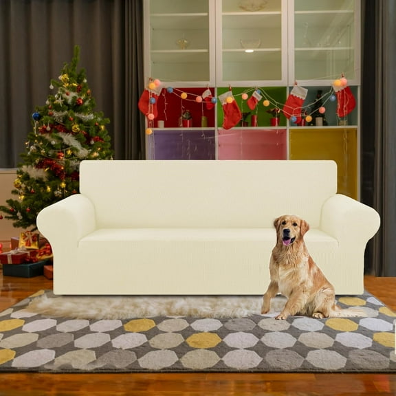 Stretch Sofa Cover Slipcover Couch Covers for 3 Cushion Couch Sofa pet Friendly (78"-94") Furniture Protector Sofa with Elastic Bottom, Jacquard Small Checked(Large,Beige)