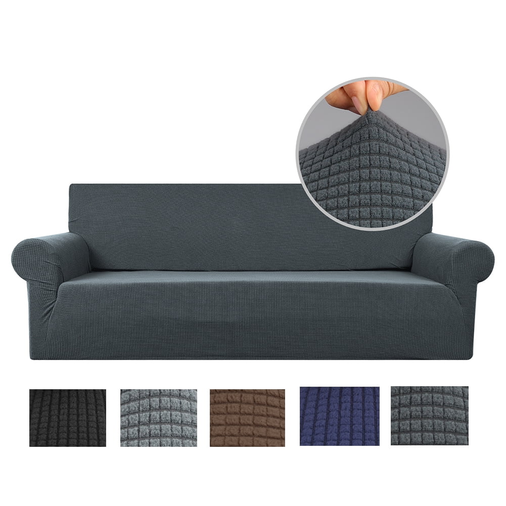 Stretch Sofa Slipcover 1-Piece Sofa Cover Furniture Protector Couch Soft with Elastic Bottom for Kids, Polyester Spandex Jacquard Fabric Small Checks with 1 Pillowcase(3 Seater, Dark Gray)