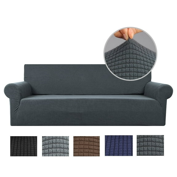 Stretch Sofa Slipcover 1-Piece Sofa Cover Furniture Protector Couch Soft with Elastic Bottom for Kids, Polyester Spandex Jacquard Fabric Small Checks with 1 Pillowcase(2 Seater, Dark Gray)