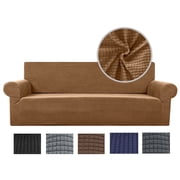 Stretch Sofa Slipcover 1-Piece Sofa Cover Furniture Protector Couch Soft with Elastic Bottom for Kids, Polyester Spandex Jacquard Fabric Small Checks with 1 Pillowcase2 Seater, Coffee