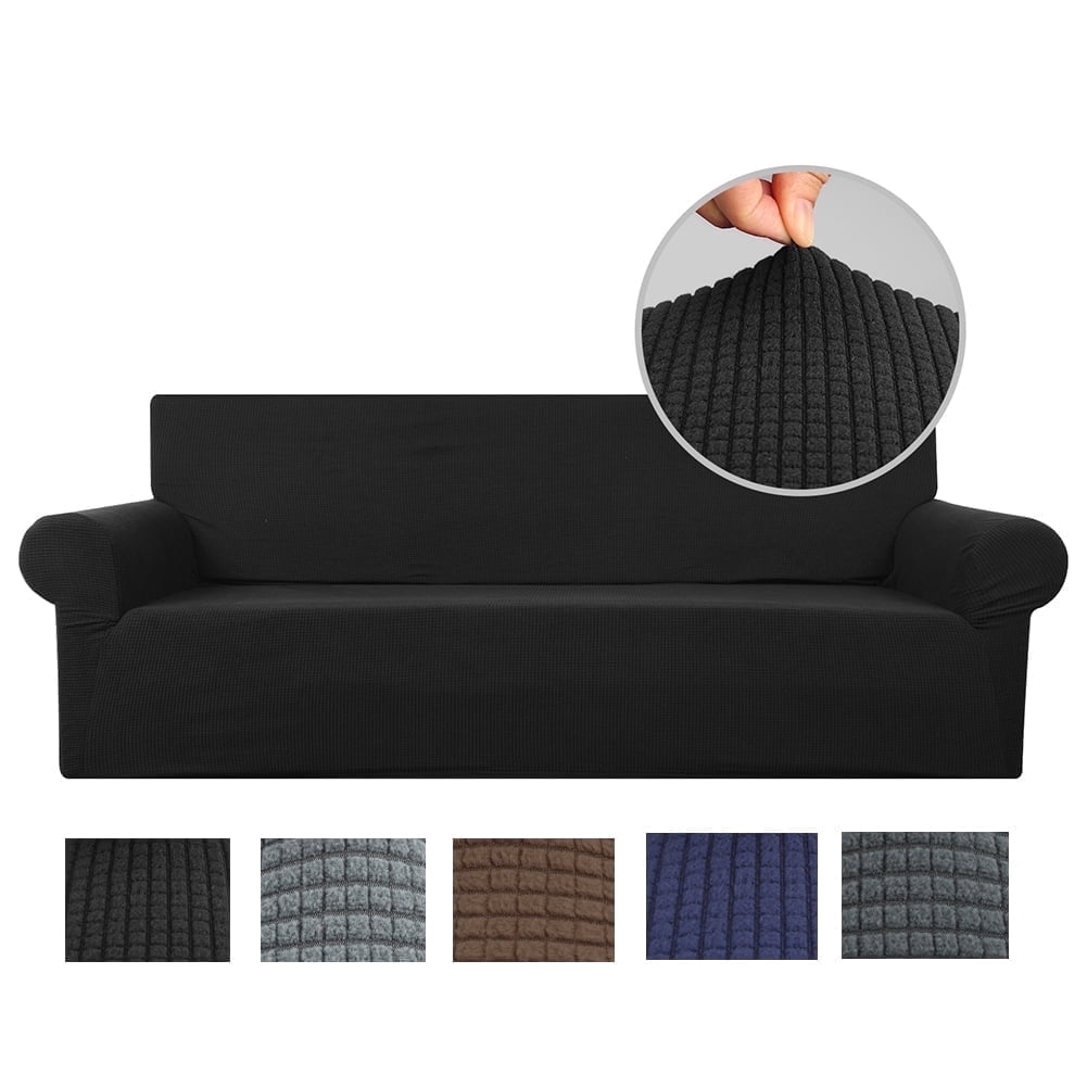Stretch Sofa Slipcover 1-Piece Sofa Cover Furniture Protector Couch Soft with Elastic Bottom for Kids, Polyester Spandex Jacquard Fabric Small Checks with 1 Pillowcase(4 Seater, Black)