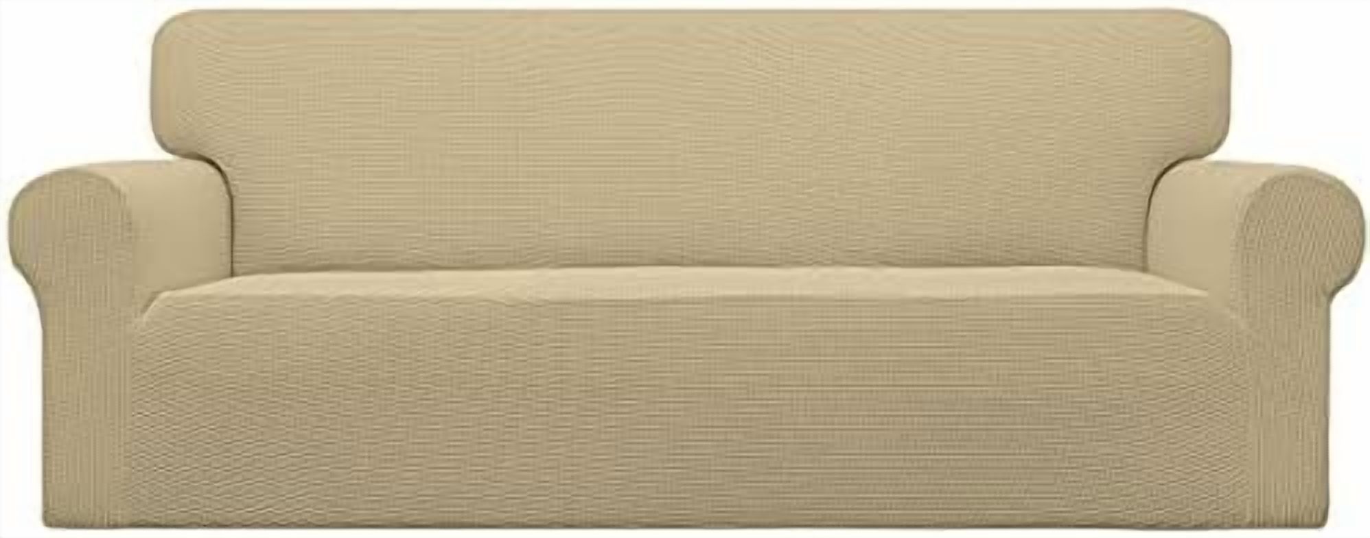 Stretch Sofa Slipcover 1-Piece Sofa Cover Furniture Protector Couch Soft with Elastic Bottom for Kids, Polyester Spandex Jacquard Fabric Small Checks (Sofa, Beige)