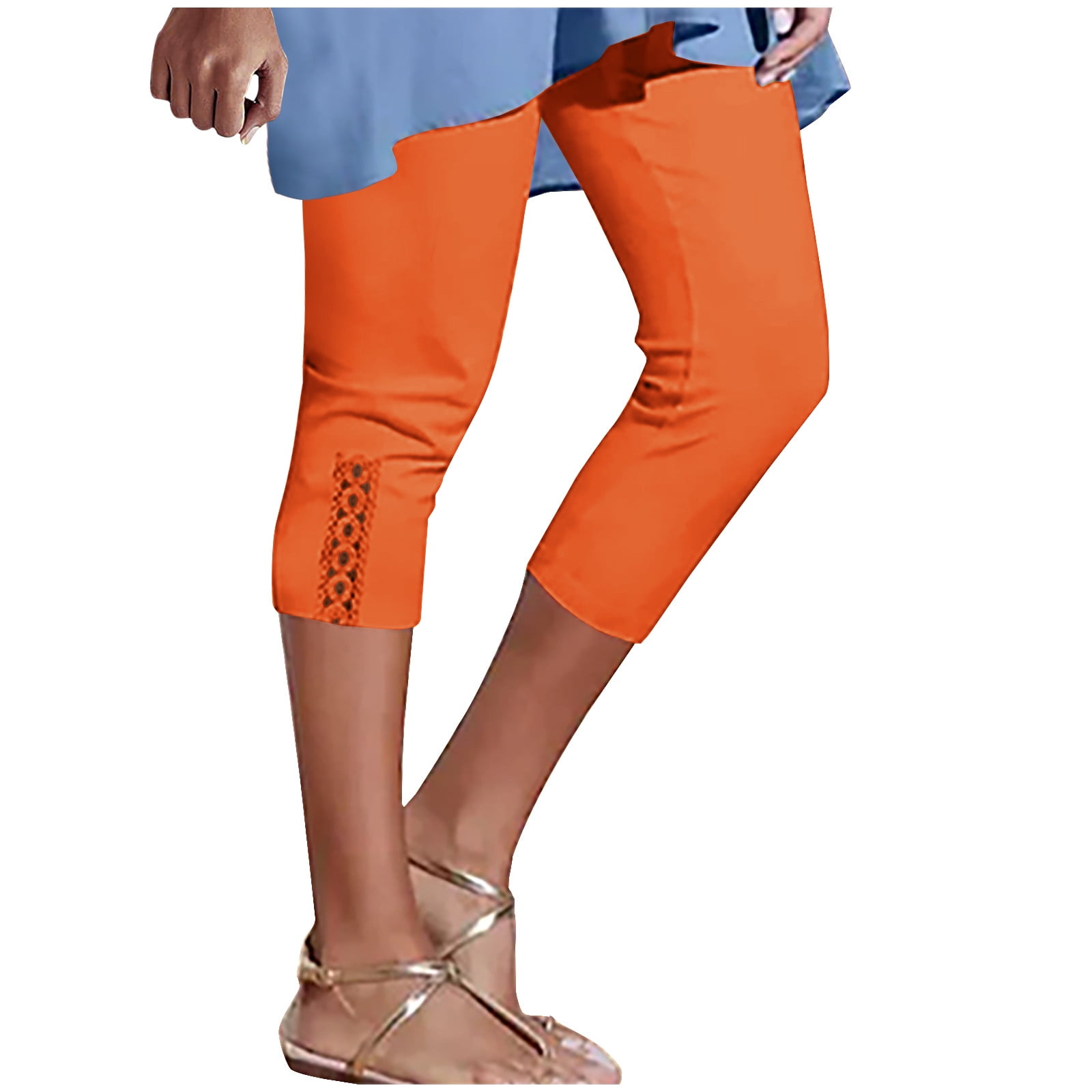 Stretch Soft High Waisted Capri Jeggings Womens Side Ruched Lace Summer Beach Casual Short Leggings Plus Size Large Orange 02